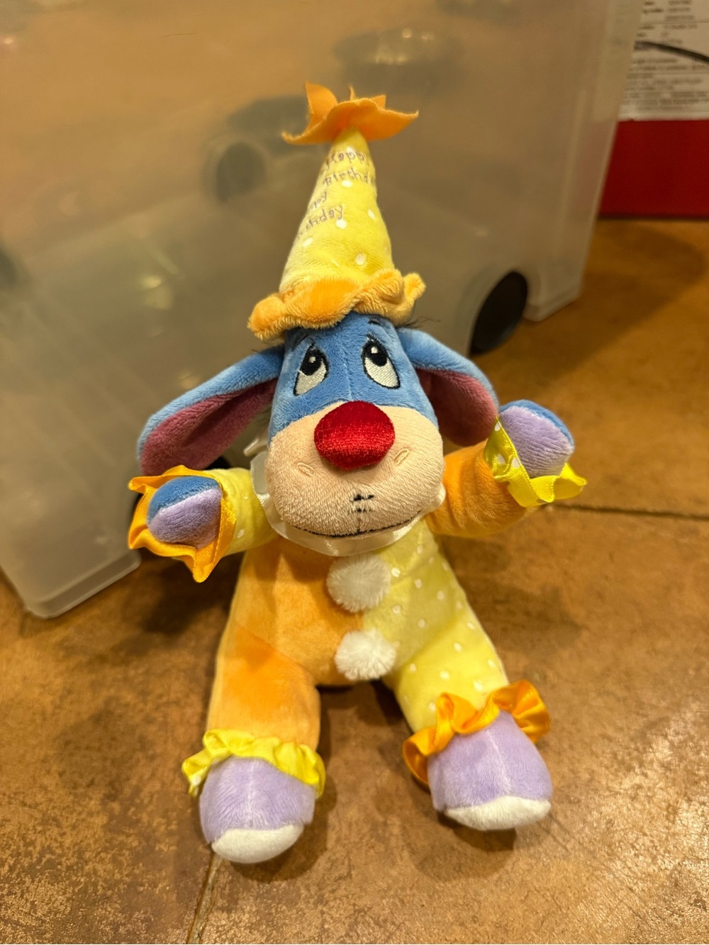 Very RARE HTF Disney store eeyore birthday clown plush. Mini size